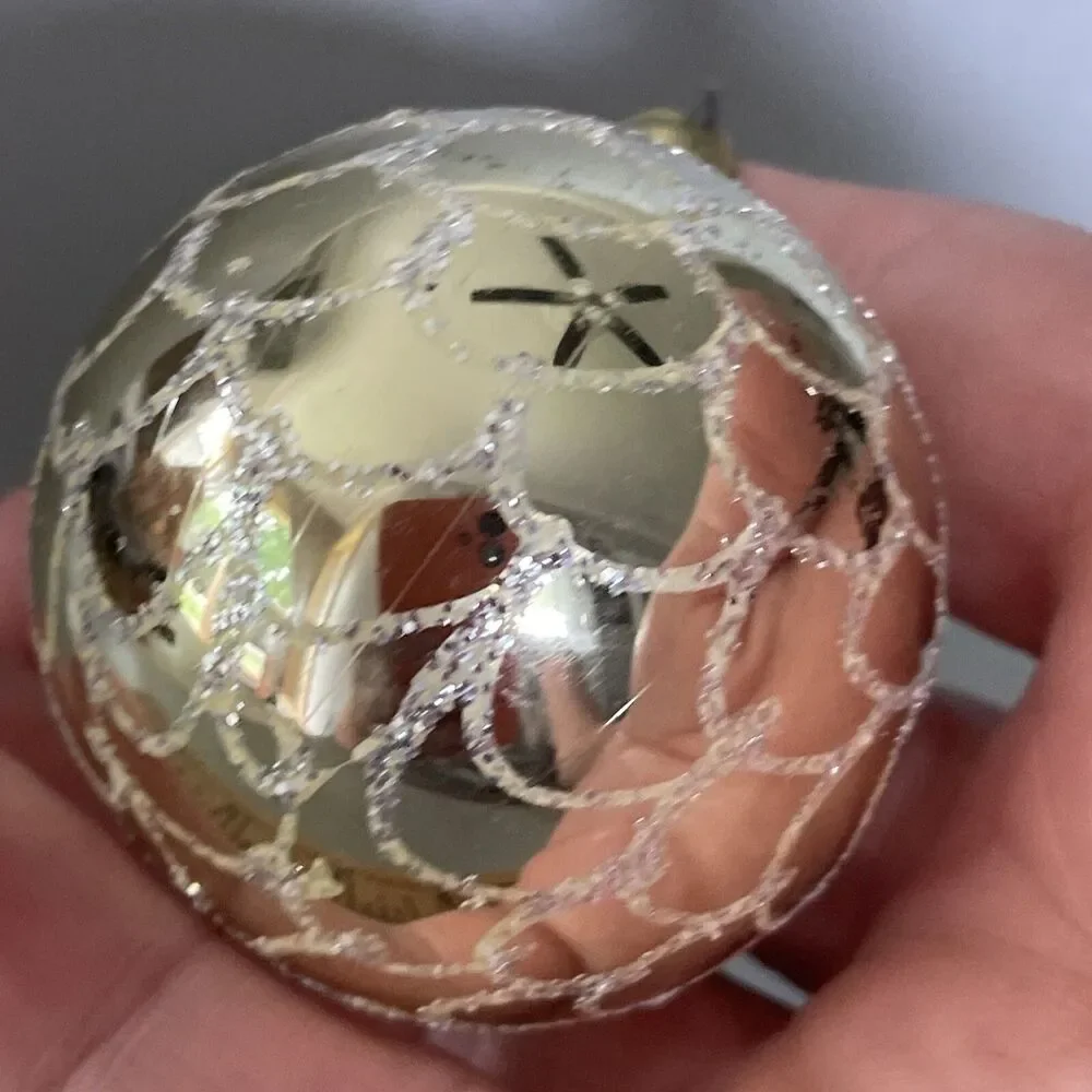 Vintage Hand Painted Blown Glass Christmas Ornament Gold With Scalloped Glitter